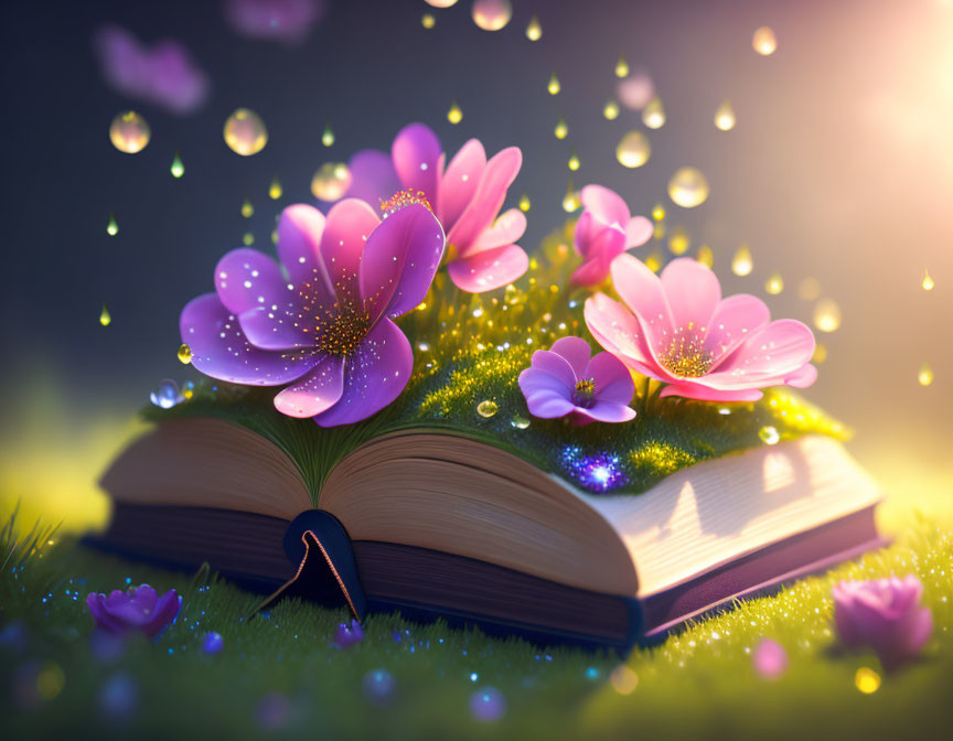 Open book with pink flowers and dewdrops on mystical backdrop.