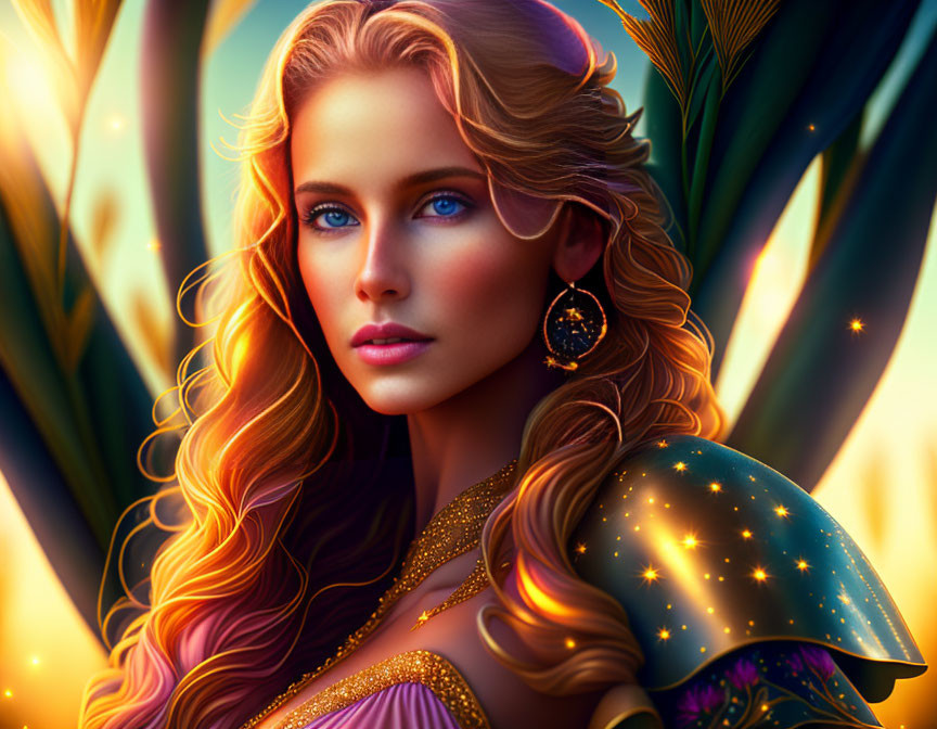 Blonde Woman in Golden Armor on Tropical Background