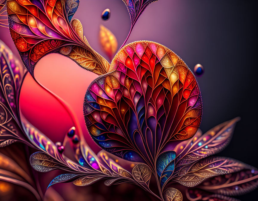 Detailed digital artwork: vibrant leaf patterns in purple and orange with floating spheres