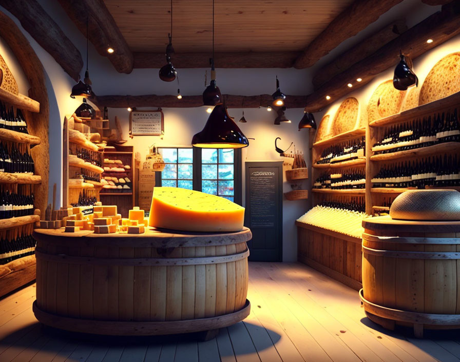 Cheese shop with wooden shelves, large cheese wheel, warm lighting & rustic decor