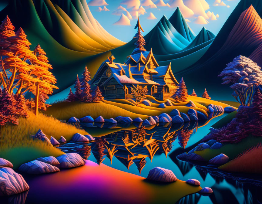 Colorful Stylized Landscape with Whimsical House & Surreal Sky