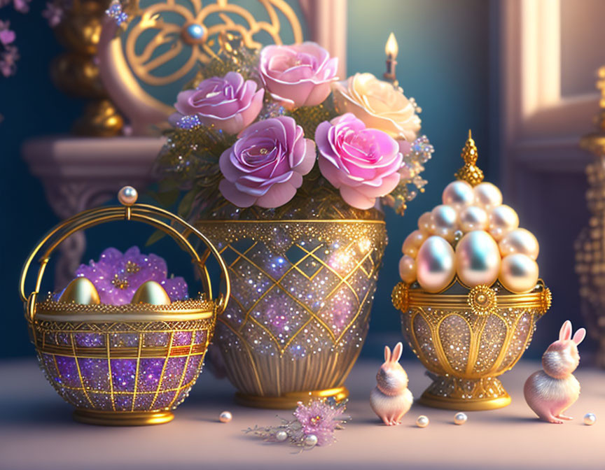 Enchanting Still Life: Pink Roses, Pearls, Golden Decor, White Rabbits