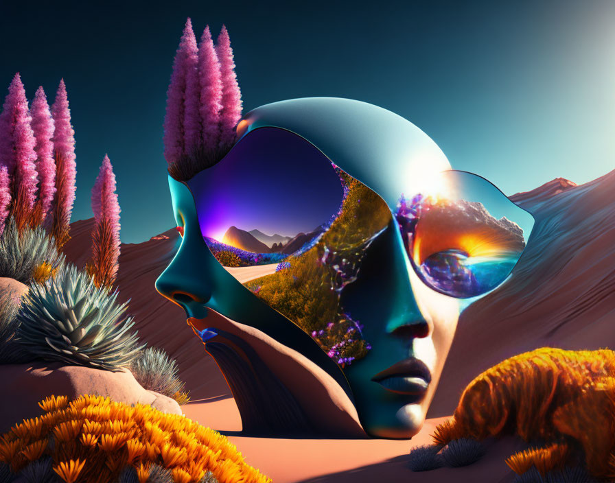 Surreal landscape featuring hollow face silhouette and vibrant mountain scene