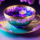 Golden-trimmed purple teacup and saucer on reflective surface against purple background