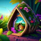 Colorful 3D illustration of whimsical book with cabin, pine trees, and fantasy flora.