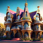 Whimsical cartoon houses against bright sky & crescent moon