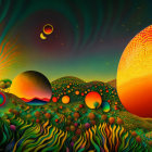 Colorful digital artwork: stylized flora in fantasy landscape at dusk