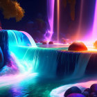 Digital Art: Vibrant Landscape with Neon Colors & Crescent Moon