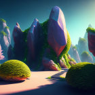 Vibrant fantasy landscape with crystal-like structures and colorful foliage