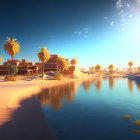 Desert Oasis with Palm Trees, Water Body, and Golden Buildings