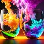 Colorful liquid splashes resembling balloons on glossy surface against dark background