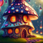 Colorful psychedelic mushrooms in whimsical landscape