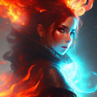 Vibrant digital artwork: Woman with red hair in fiery and cool blue ethereal setting