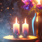 Ornate stand with two lit candles, purple flower, and warm glow