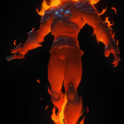 Fiery figure with glowing blue chest and eyes in flames on dark background