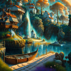 Vibrant fantasy landscape with waterfall, whimsical house, lush vegetation, and traditional boats