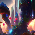 Colorful underwater scene with whimsical house, fish, coral, and rock formations