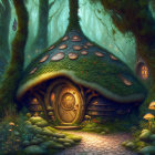 Enchanting forest scene with glowing tent and starlit path