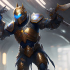 Futuristic knight in ornate armor with glowing blue accents against soft-lit backdrop