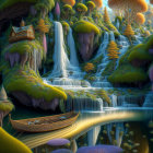 Enchanted village in fantasy landscape with waterfalls & whimsical houses