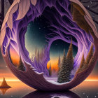 Fractal globe in surreal landscape with cosmic, icy, and watery elements