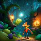 Anthropomorphic fox in clothes in mystical forest with lanterns