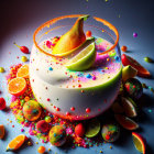 Colorful surreal composition: fruits and liquids splash on dark background