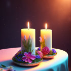 Ornate candles with colorful patterns and jewels on draped table