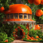 Whimsical oversized orange mushroom house in enchanted forest