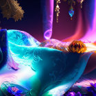 Ethereal animated elf in blue dress with flowers in mystical forest