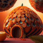 Fantasy landscape with fractal-shaped pod structure and spherical flora under orange sky.