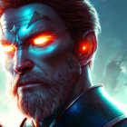 Bearded Man with Glowing Orange Eyes in Futuristic Blue Mask