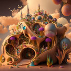 Whimsical fantasy landscape with earthen structures, towers, purple trees, and flying birds.