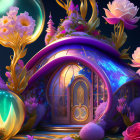 Fantasy mushroom house illustration with colorful plants and starry night sky