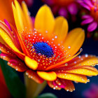 Close-up of ladybug on yellow and red daisy center with pink and purple flowers.