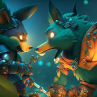 Anthropomorphic fox characters in futuristic armor face-off.