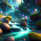 Colorful surreal landscape with whimsical trees and floating islands