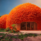 Vibrant orange and green treehouse with dome-like structures against blue sky