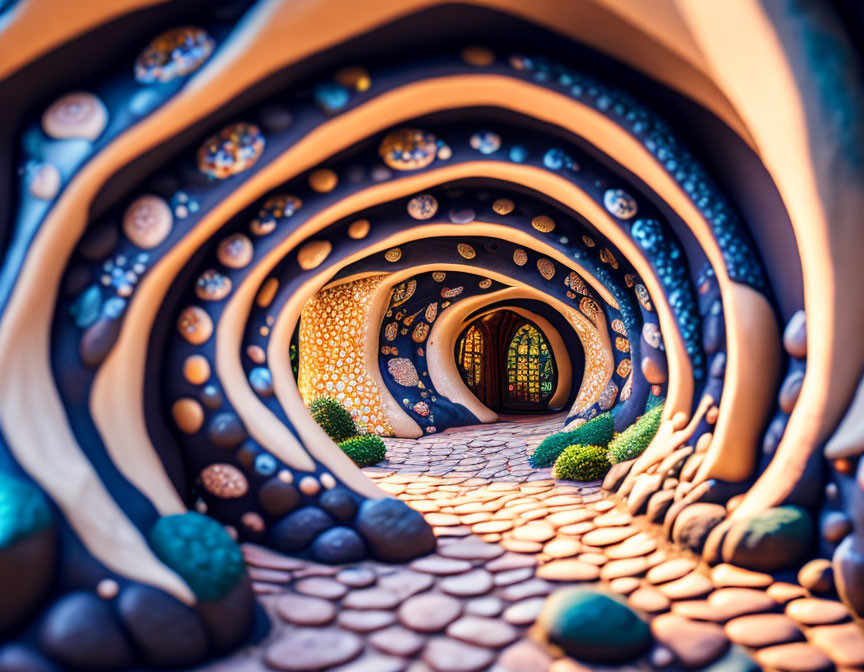 Colorful Whimsical Tunnel with Stone Patterns and Arched Doorway