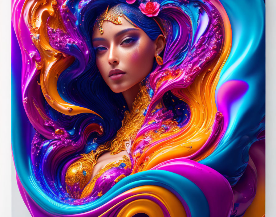 Portrait of a woman with flowing hair merging into colorful liquid swirls and a decorative headpiece