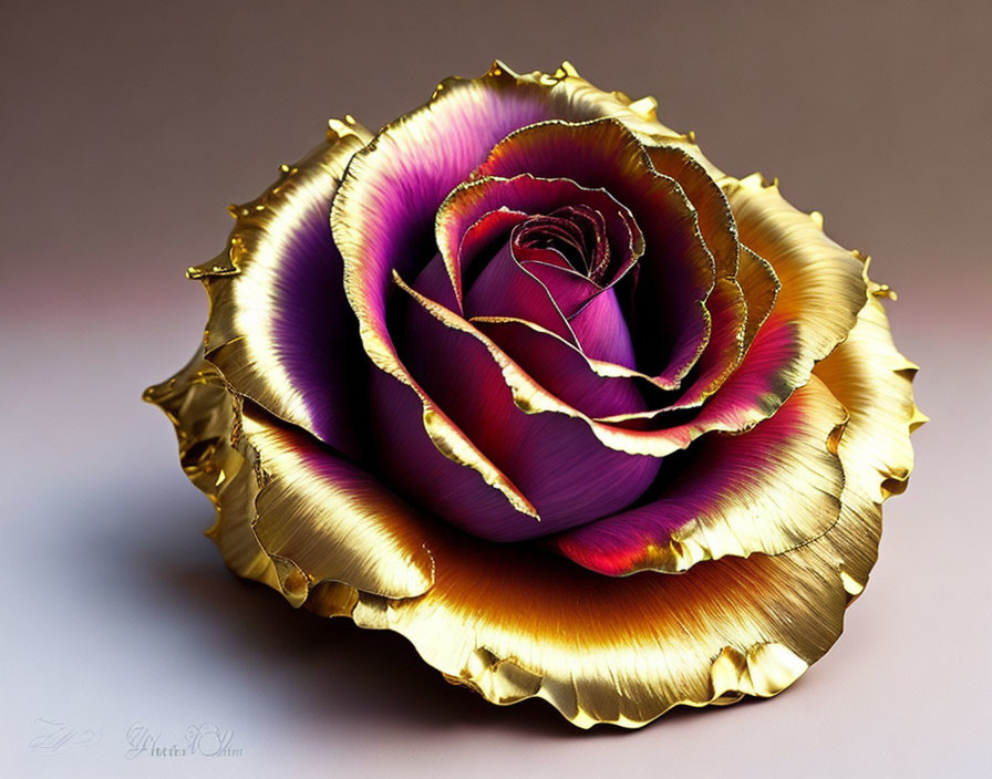 Digitally-enhanced rose with purple and pink petals and shimmering gold edges on soft-focus background.