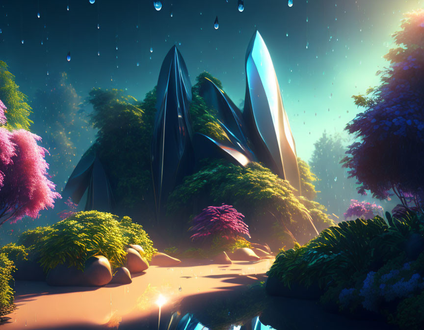 Vibrant fantasy landscape with crystal-like structures and colorful foliage