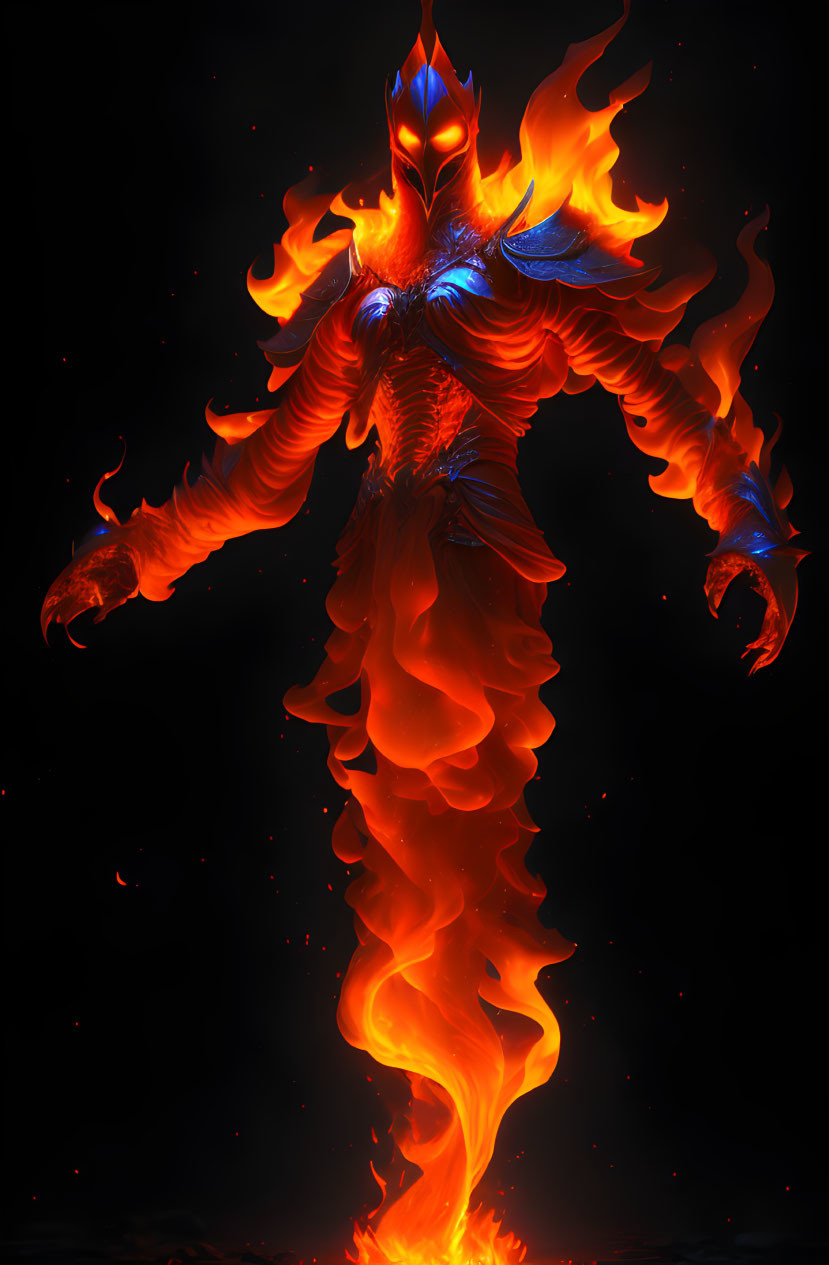 Fiery figure with glowing blue chest and eyes in flames on dark background