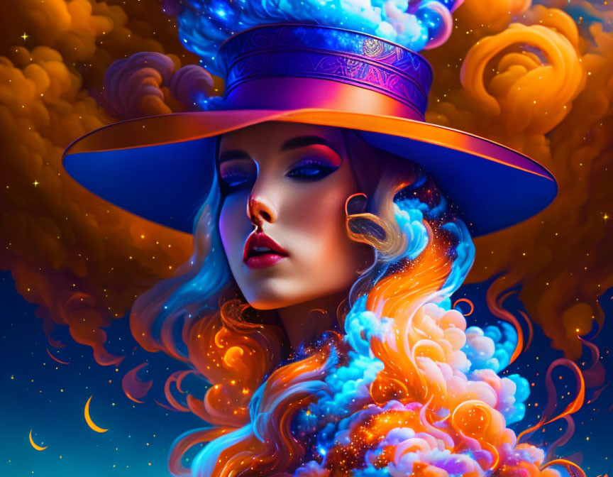 Colorful artwork: Woman with fiery hair and blue hat in moonlit sky