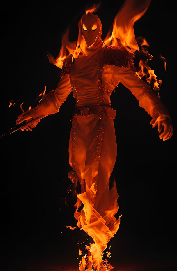 Person in Ninja Costume Surrounded by Vivid Flames on Dark Background