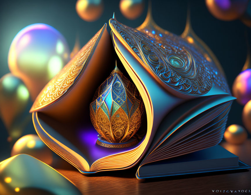 Intricate blue ornament on glowing open book with colorful baubles
