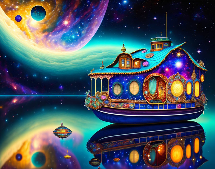 Fantasy boat in space with planets and stars on cosmic surface