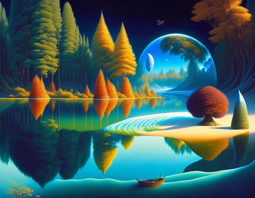 Surreal landscape with luminescent trees, crescent moon, calm water, small boat,