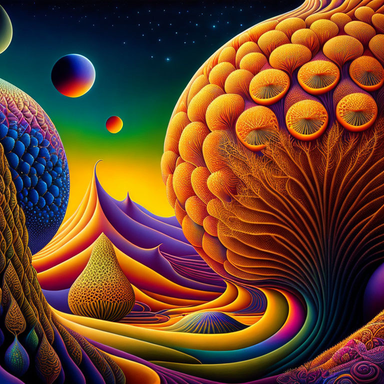 Colorful Psychedelic Landscape with Trees and Celestial Bodies