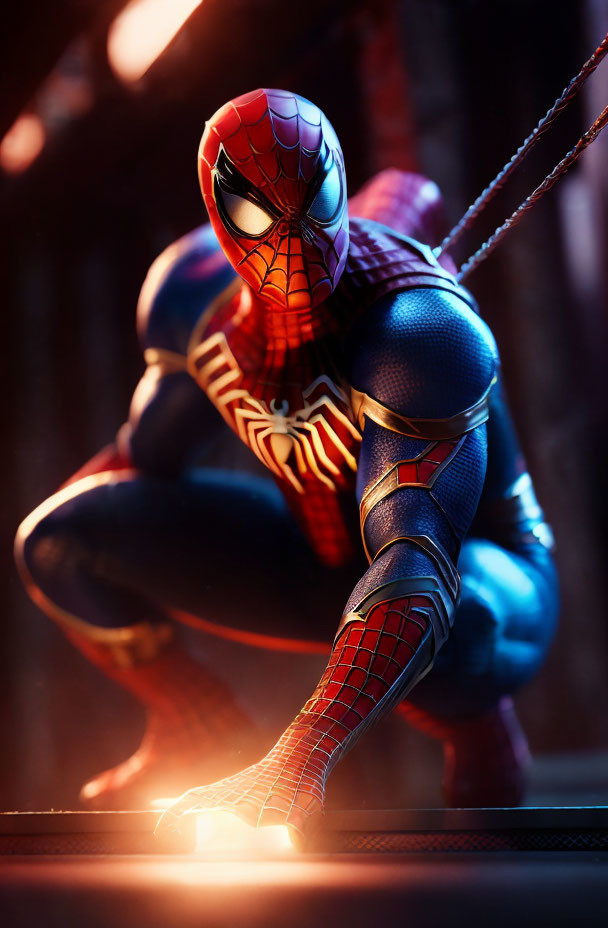 Superhero crouching on metal surface with web-slingers and vibrant red/blue suit.